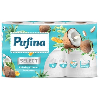 Pufina | Hartie igienica parfum de cocos, 4 straturi, 6 role
