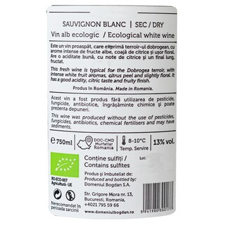 Domeniul Bogdan | Vin alb sec Sauvignon Blanc bio 0.75L