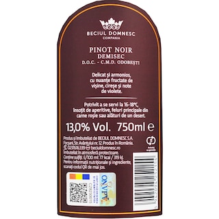 Beciul Domnesc | Vin rosu demisec Pinot Noir 0.75L
