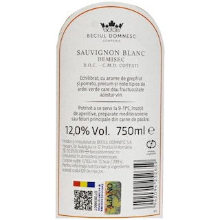 Beciul Domnesc | Vin alb demisec Sauvignon Blanc 750ml