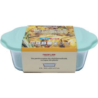 Neoflam | Vas pentru cuptor din sticla borosilicata, cu capac din plastic 2.5L