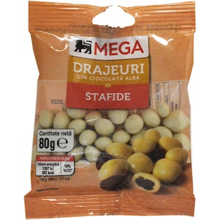 MEGA | Drajeuri din ciocolata alba cu stafide 80g