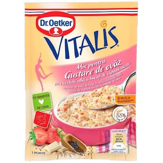 Dr. Oetker | Vitalis | Mix pentru gustare de ovaz, cu ciocolata alba si capsuni 56g