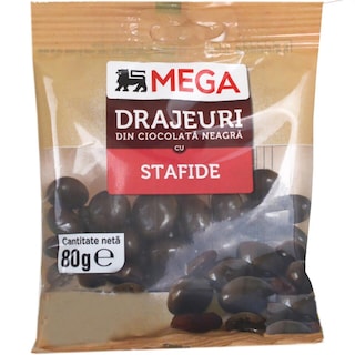 MEGA | Drajeuri din ciocolata neagra cu stafide 80g