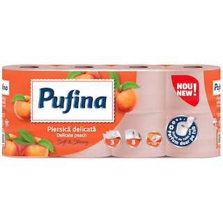 Pufina | Hartie igienica cu parfum de piersica, 3 straturi, 8 role