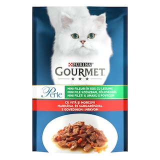 Gourmet | Perle | Hrana umeda pentru pisici, mini fileuri cu vita si morcovi in sos 85g