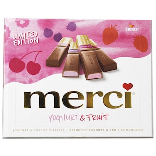 Merci | Specialitati de ciocolata cu lapte umpluta cu crema de iaurt cu aroma de fructe 250g
