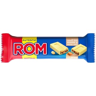 Rom | Autentic | Baton de ciocolata alba cu crema de caramel sarat, rom si arahide 44g