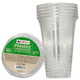 MEGA | Pahare transparente de unica folosinta, 5 bucati 500ml