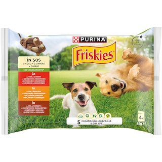 Friskies | Hrana umeda pentru caini cu vita, pui, miel si legume, in sos 4x85g