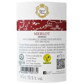 Domeniile Recas | Vin rosu demisec Merlot  0.75L
