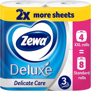 Zewa | Hartie igienica Deluxe Delicate Care, 3 straturi, 4 role duble, 300 foi