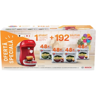 Jacobs | Pachet 12 cutii capsule cafea Tassimo Jacobs + Espressor Bosch Tassimo Happy, diverse culori