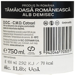 Cotnari | Vin alb demisec Tamaioasa Romaneasca 0.75L