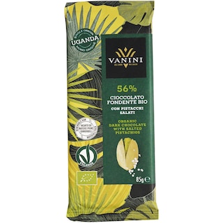 Vanini | Ciocolata neagra bio 56% cu fistic sarat 85g
