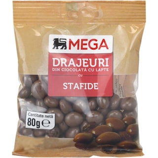 MEGA | Drajeuri din ciocolata cu lapte cu stafide 80g
