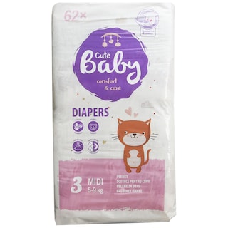 Cute Baby | Scutece pentru copii, Midi, marimea 3, 5-9 kg, 62 bucati