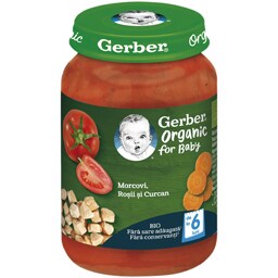Gerber | Piure bio cu morcovi, rosii si curcan 190g