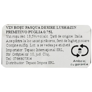 Famiglia Pasqua | Desire Lush&Zin primitivo | Vin rosu sec Primitivo Puglia 0.75L