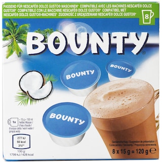 Bounty | Pudra de cacao cu continut scazut de grasime, cu aroma de coos, cu ciocolata cu lapte. 8 capsule 8x15g