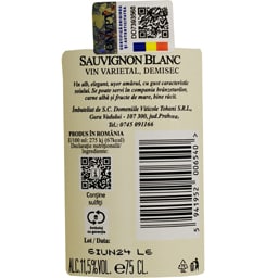 Tohani | Domeniile Tohani | Vin alb demisec Sauvignon Blanc 0.75L