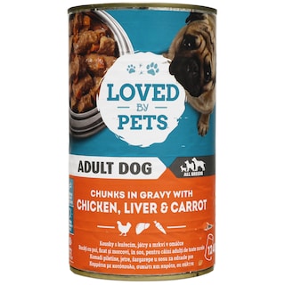 Loved by Pets | Bucati cu pui, ficat si morcovi, in sos, pentru caini adulti de toate rasele 1240g