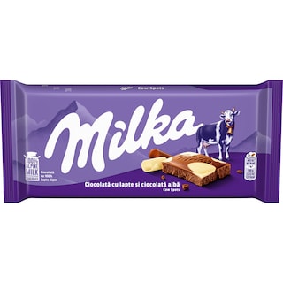 Milka | Ciocolata cu lapte alpin si ciocolata alba 16%. 90g