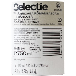 Cotnari | Selectie | Vin alb demisec Tamaioasa Romaneasca & Francusa 0.75L