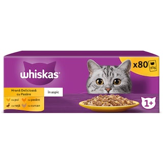 Whiskas | Hrana umeda pentru pisici adulte, cu pui, rata, pasare, curcan, in aspic 80x85g