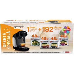 Pachet 12 cutii capsule cafea Tassimo Jacobs + Espressor Bosch Tassimo Style, diverse culori