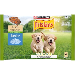 Friskies | Hrana umeda pentru caini Junior, pui si morcov in sos 4x85g