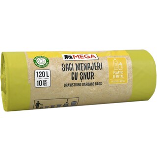 MEGA | Saci menajeri galbeni cu snur, 120L, 10 bucati