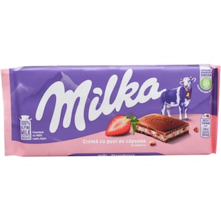 Milka | Ciocolata cu lapte alpin cu crema cu aroma de capsune 100g