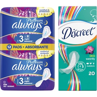 Always | Absorbante marimea 3 Ultra Night, 12 bucati + Absorbante zilnice Waterlily 20 bucati