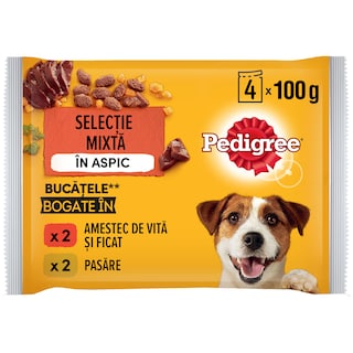 Pedigree | Pouch | Hrana completa pentru caini adulti, 2 cu vita si 2 cu pasare, 4x100g