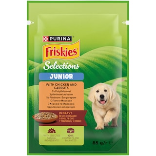 Friskies | Hrana umeda pentru caini Junior, pui si morcov in sos 85g