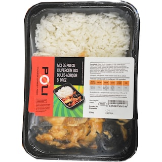 Poli | Mix de pui cu ciuperci in sos dulce-acrisor si orez 330g