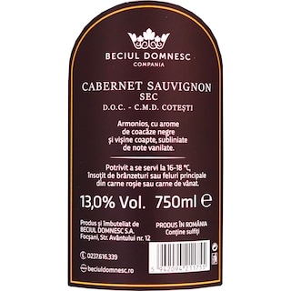 Beciul Domnesc | Vin rosu sec Cabernet Sauvignon 0.75L