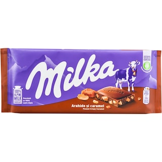 Milka | Ciocolata cu lapte, cu arahide si caramel 90g