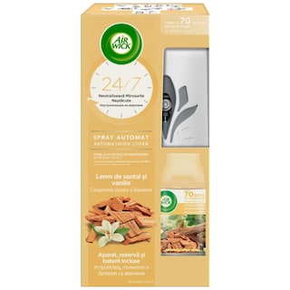 Air Wick | Aparat spray automat + rezerva lemn de santal si vanilie