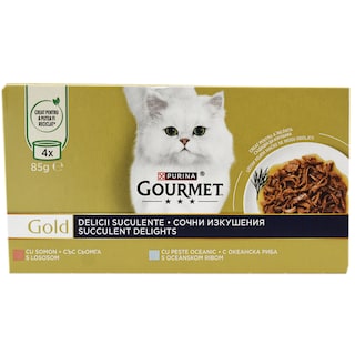 Gourmet | Gold | Delicii suculeste cu somon si peste oceanic, hrana umeda pentru pisici adulte 4x85g