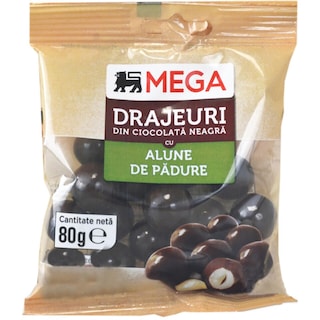 MEGA | Drajeuri din ciocolata neagra cu alune de padure 80g