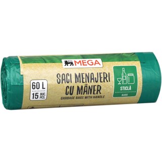 MEGA | Saci menajeri verzi cu maner, 60L, 15 buc.