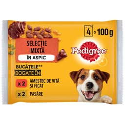Pedigree | Pouch | Hrana completa pentru caini adulti, 2 cu vita si 2 cu pasare, 4x100g