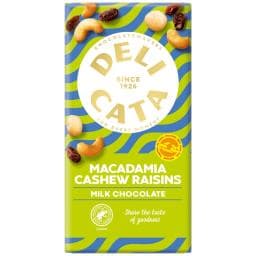 Ciocolata cu lapte cu macadamia, caju si stafide 150g