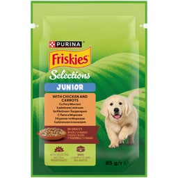 Friskies | Hrana umeda pentru caini Junior, pui si morcov in sos 85g
