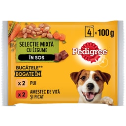 Pedigree | Hrana completa pentru caini adulti cu pui si legume si vita si legume 4x100g