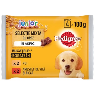Pedigree | Hrana umeda pentru caini Junior, selectie mixta in aspic, 4x100g
