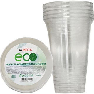 MEGA Eco | Pahare transparente biodegradabile, 5x500ml