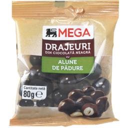 Drajeuri din ciocolata neagra cu alune de padure 80g